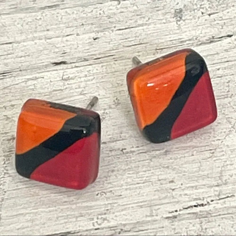 Small square orange post earrings